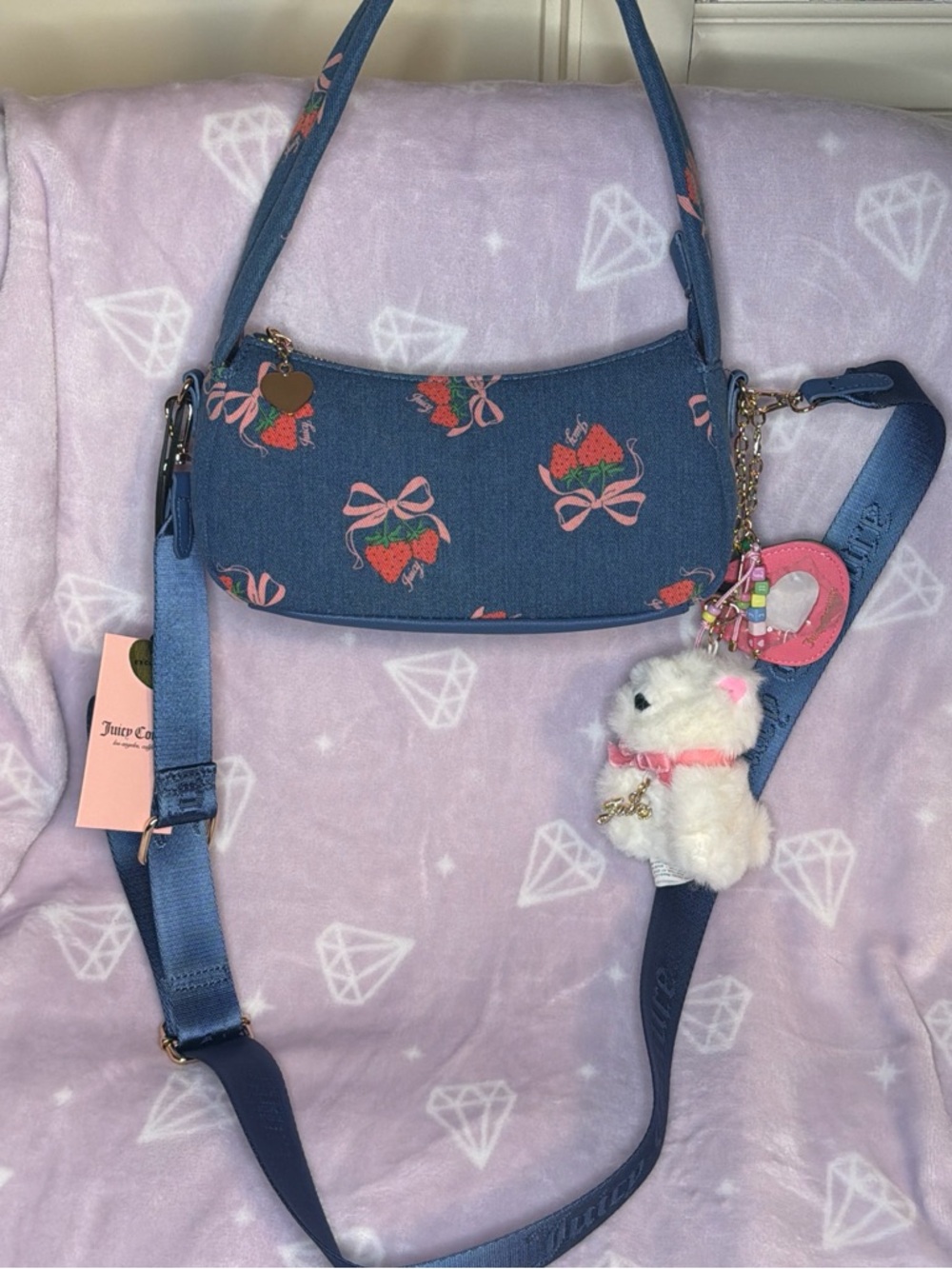 Juicy Couture Denim Blue Strawberry Bow Mini Shoulder Bag with Plush Charm
